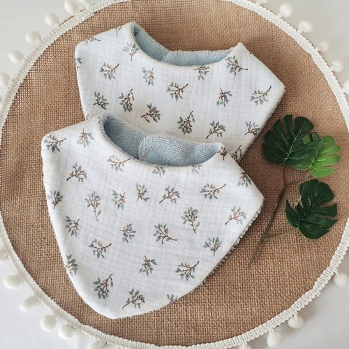 Lot de 2 bavoirs bébé double gaze blanche et éponge bambou