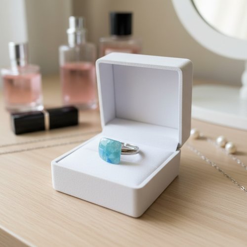 Bague anneaux acier inoxydable et cabochon résine carré bleu