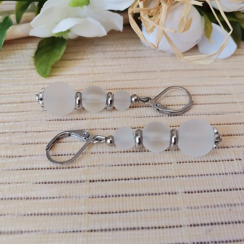 Boucles d'oreilles acier inoxydable et trio de perles givrées