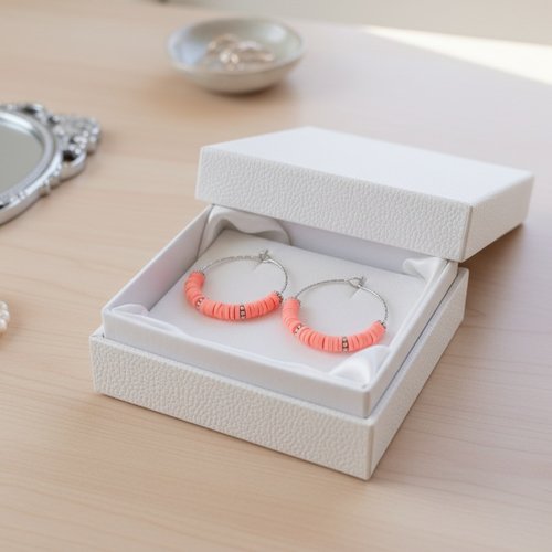 Boucles d'oreilles créoles acier inoxydable ciselé et perles heishi