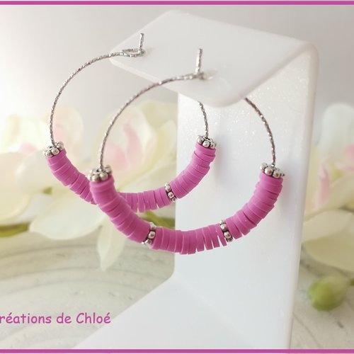 Boucles d'oreilles créoles acier inoxydable ciselé et perles heishi