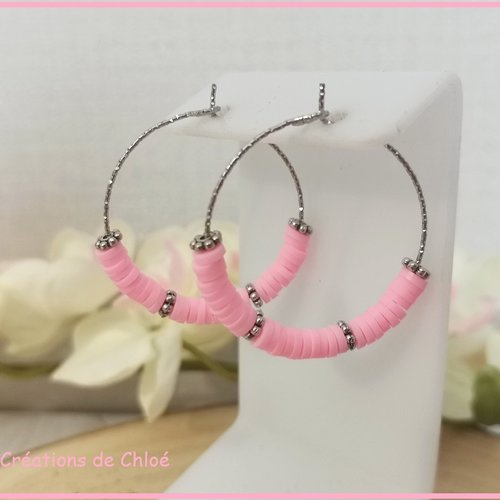 Boucles d'oreilles créoles acier inoxydable ciselé et perles heishi