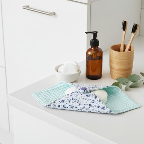 Pochette à savon tissus bleu ciel et motifs fleurs violettes