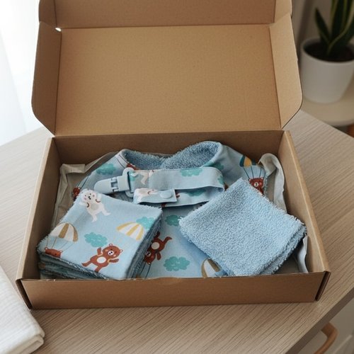 Coffret naissance bavoir, attache tétine et 8 lingettes