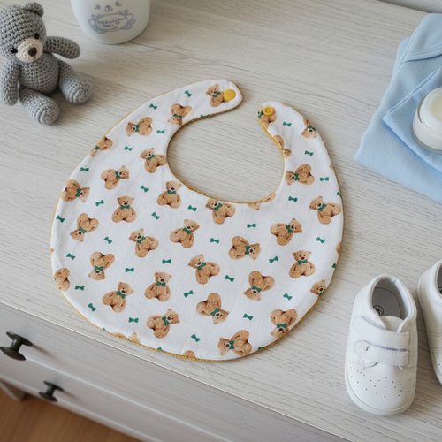 Bavoir bébé coton blanc et motif ours en peluche