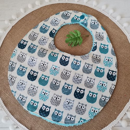 Bavoir bébé coton motif hiboux et tissu éponge bleu