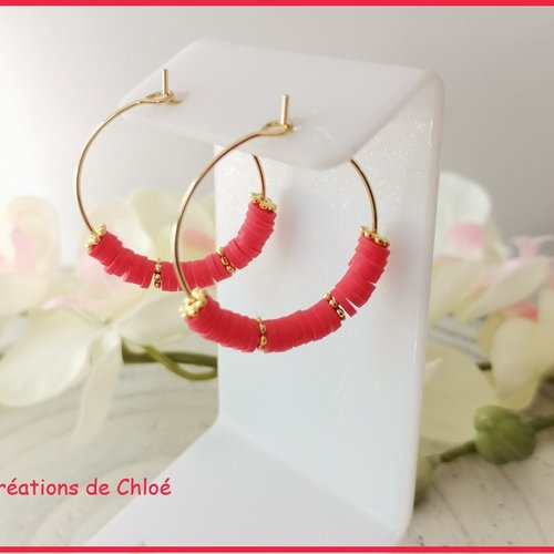 Boucles d'oreilles créoles dorées acier inoxydable et perles heishi