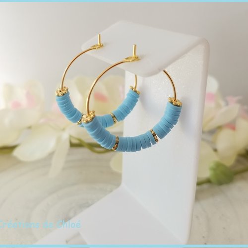 Boucles d'oreilles créoles dorées acier inoxydable et perles heishi