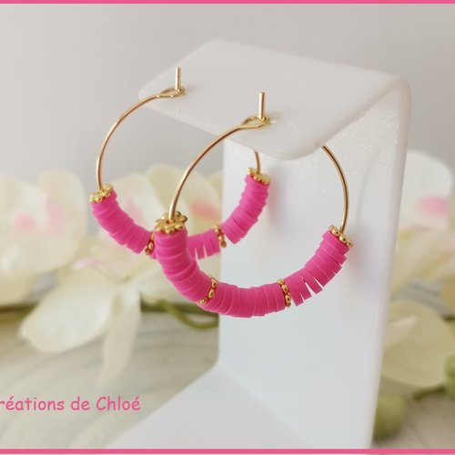 Boucles d'oreilles créoles dorées acier inoxydable et perles heishi