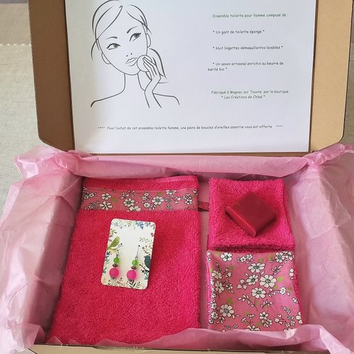 Box gant de toilette et 8 lingettes couleur fuchsia
