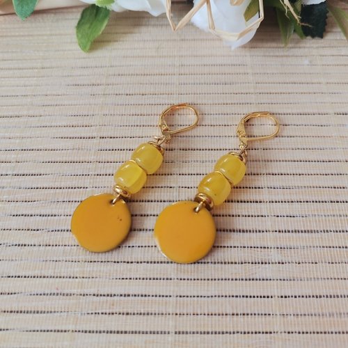 Boucles d'oreilles acier inoxydable dorées et sequin émail