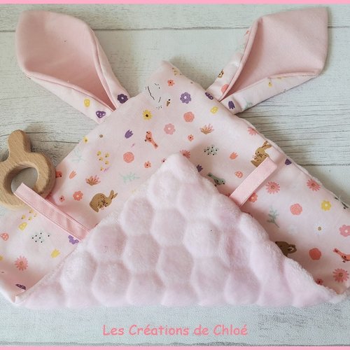 Doudou plat carré coton rose oreilles de lapin