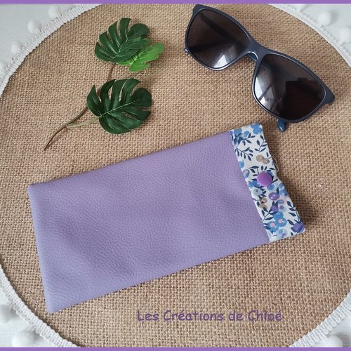 Etui à lunette en simili cuir mauve et tissus motifs fleurs