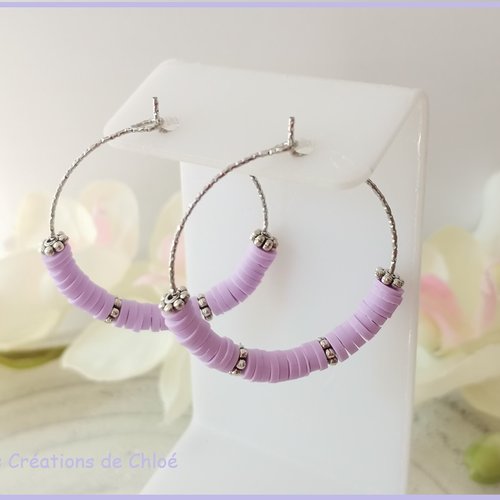 Boucles d'oreilles créoles acier inoxydable ciselé et perles heishi