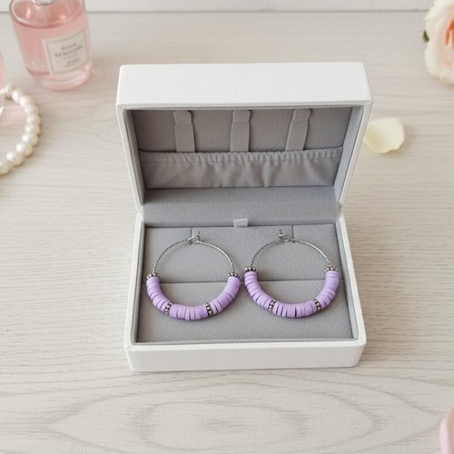 Boucles d'oreilles créoles acier inoxydable ciselé et perles heishi