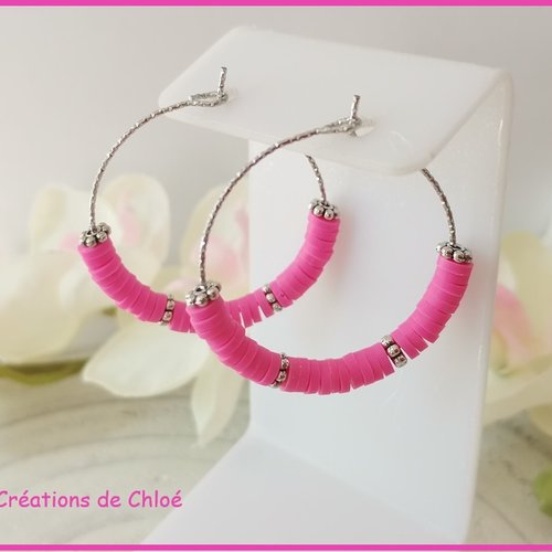 Boucles d'oreilles créoles acier inoxydable ciselé et perles heishi