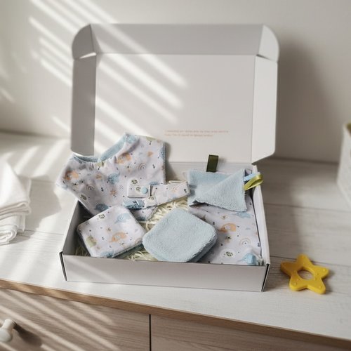 Coffret naissance/box naissance bavoir, doudou, attache tétine et 8 lingettes