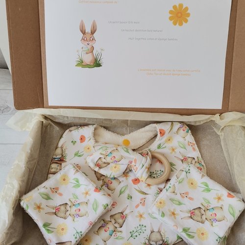 Coffret naissance/box naissance tissus beige et lapins