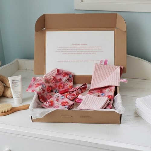 Coffret naissance/box naissance bavoir, doudou, attache tétine et 8 lingettes