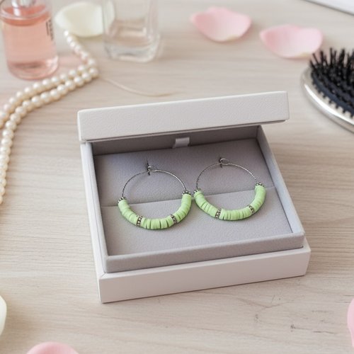 Boucles d'oreilles créoles acier inoxydable ciselé et perles heishi