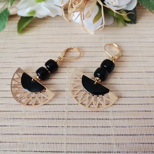 Boucles d'oreilles acier inoxydable doré et pendentif noir
