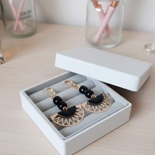 Boucles d'oreilles acier inoxydable doré et pendentif noir