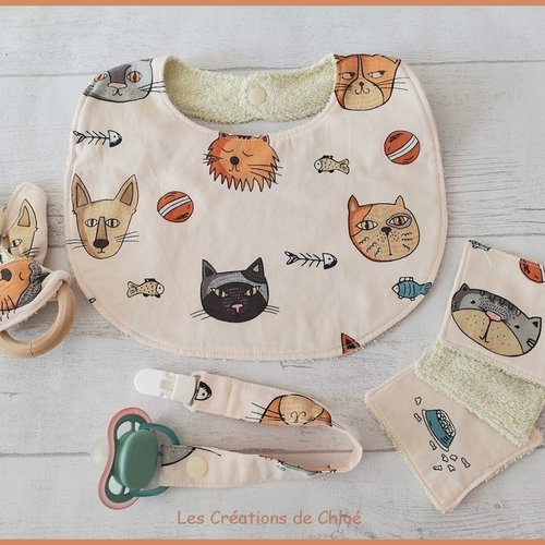 Ensemble naissance tissu beige motif têtes de chats