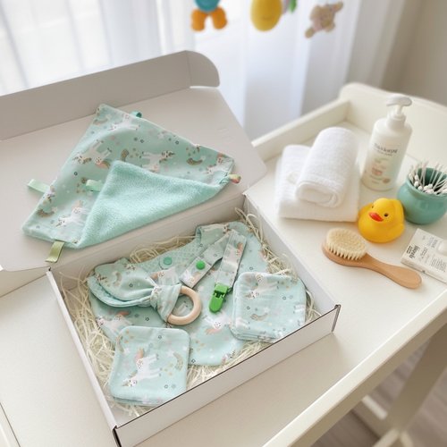 Coffret naissance/box naissance bavoir, doudou, hochet, attache tétine et 6 lingettes  vert