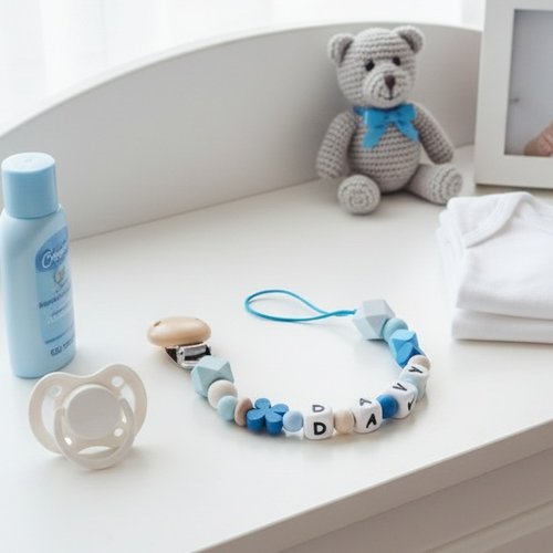 Attache tétine personnalisée perles bois et silicone
