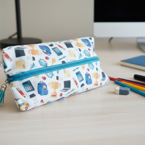 Trousse plate écolier motifs fournitures scolaires