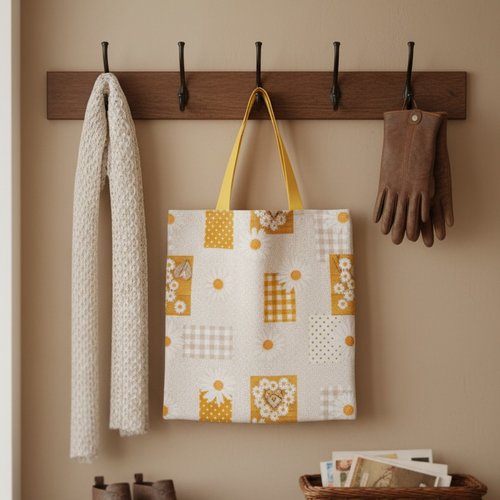 Tote-bag coton beige et motif marguerites