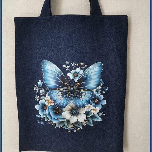 Tote bag doublé jean motif papillon et fleurs