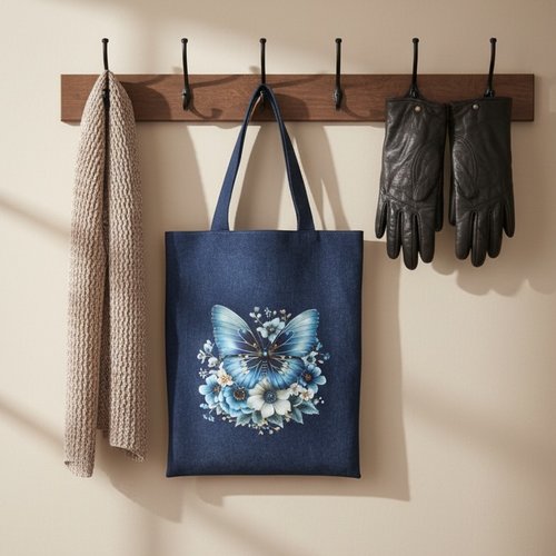 Tote bag doublé jean motif papillon et fleurs