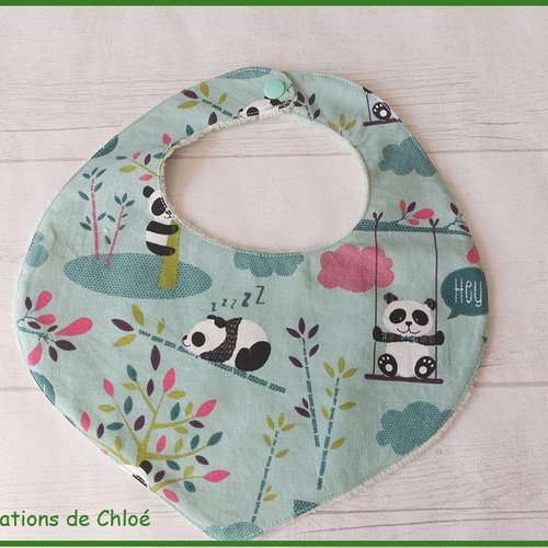 Bavoirs bébé coton vert motifs panda et éponge bambou - destockage