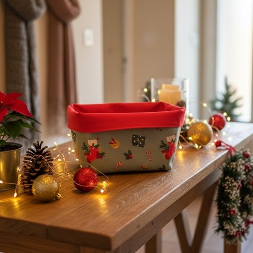 Petit panier tissu motif noël vert et rouge