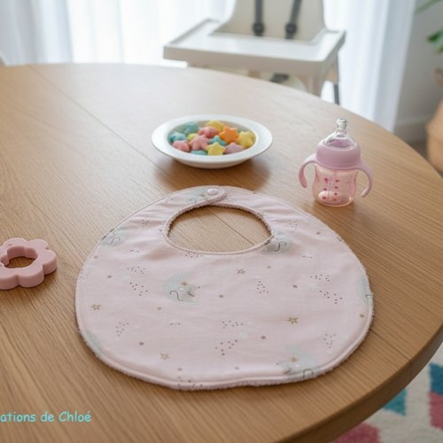 Bavoir bébé coton motif souris et éponge rose