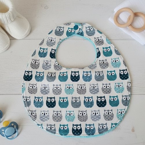 Bavoir bébé coton motif hiboux et éponge bleu