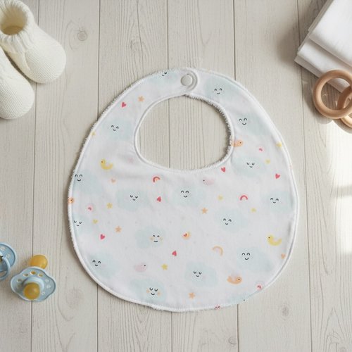 Bavoir bébé coton motif nuages et  tissu éponge blanc