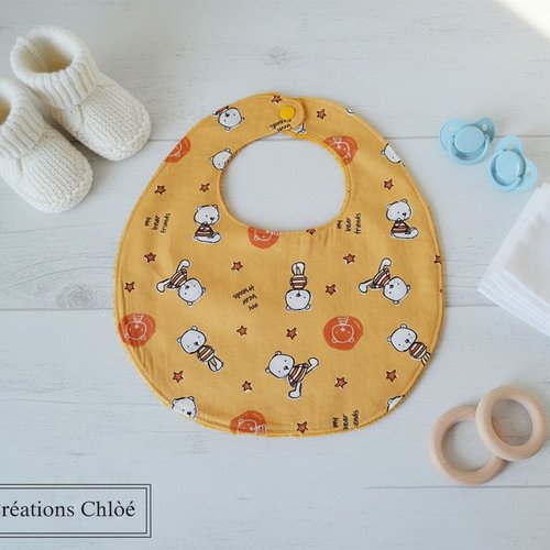Bavoir bébé coton motif oursons et  tissu éponge moutarde