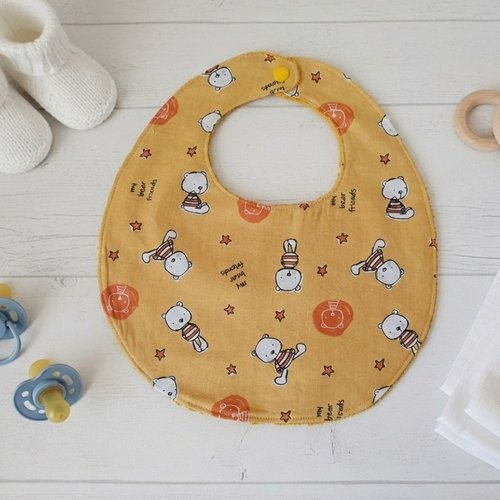 Bavoir bébé coton motif oursons et  tissu éponge moutarde
