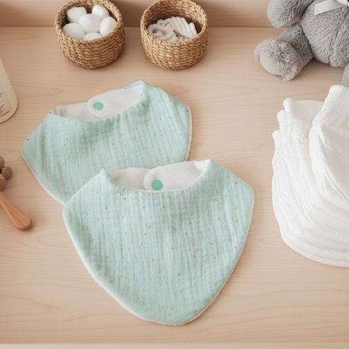 Lot de 2 bavoirs bébé double gaze vert et éponge bambou