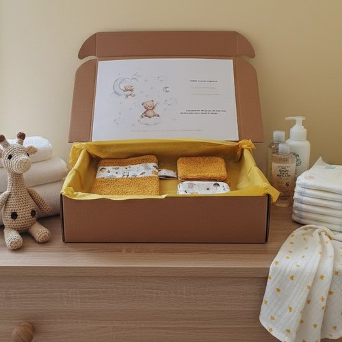 Box naissance gant et lingettes tissu coton et éponge