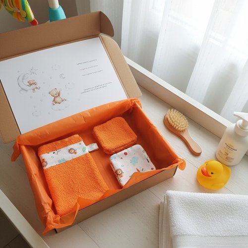 Box naissance gant et lingettes tissu coton et éponge
