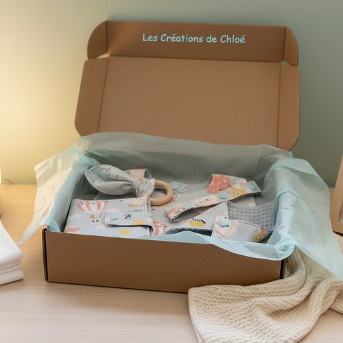 Coffret naissance tissus bleu motifs montgolfières