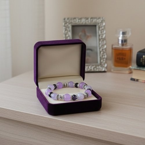 Bracelet fil élastique perles imitation jade et craquelé lilas