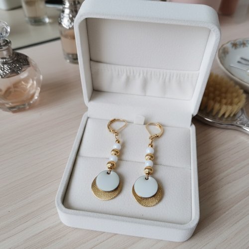 Boucles d'oreilles acier inoxydable doré et sequin émail blanc