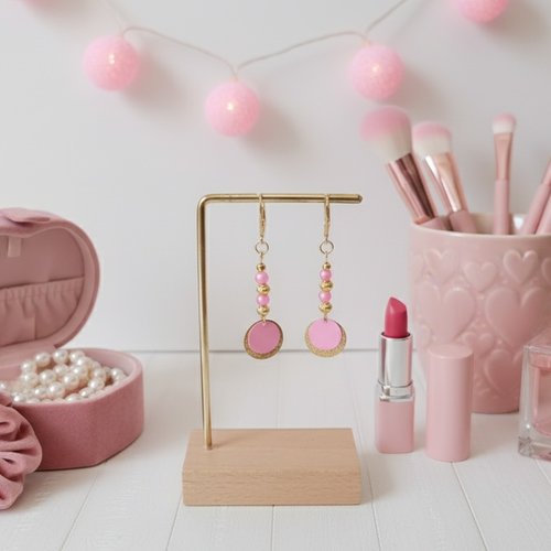 Boucles d'oreilles acier inoxydable doré et pendentif rose