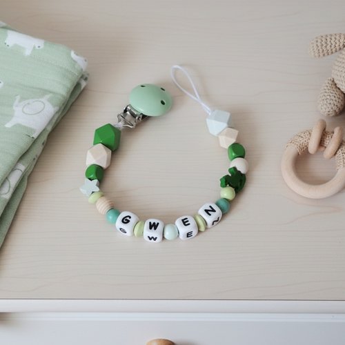 Attache tétine personnalisée perles bois et silicone