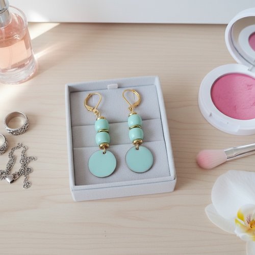 Boucles d'oreilles acier inoxydable dorées et sequin émail