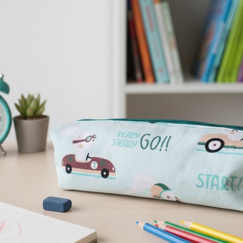 Trousse d'école enfant motif lapins et voitures anciennes